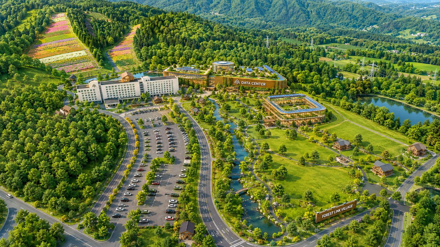 FOREST LINK VILLAGE構想の全体イメージパース（苗場山麓の一帯にえがく将来イメージ）